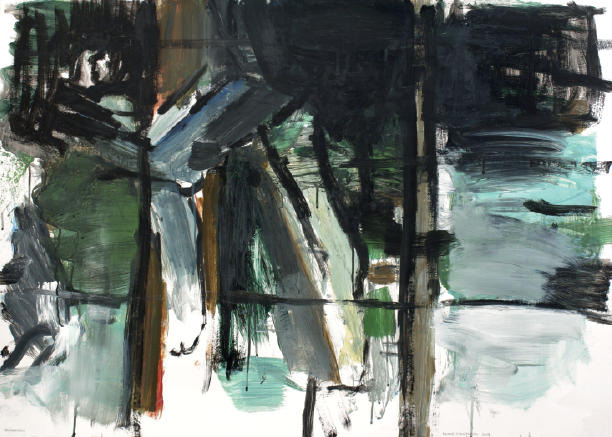 Abstrakt maleri med mørke og grønne strøg, Peter Ejlerskov kunst.