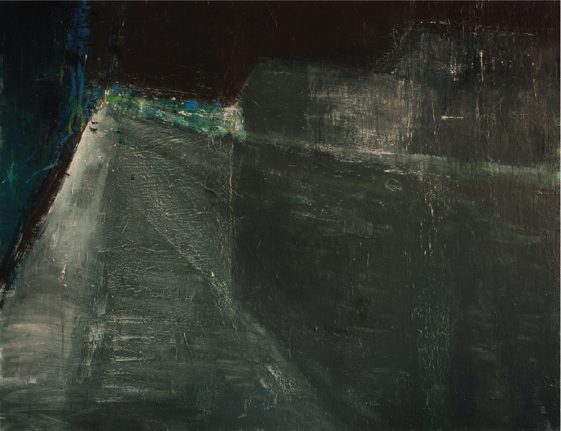 Mørkt, abstrakt maleri af Peter Ejlerskov med dybe grønne og sorte nuancer i moderne kunst.