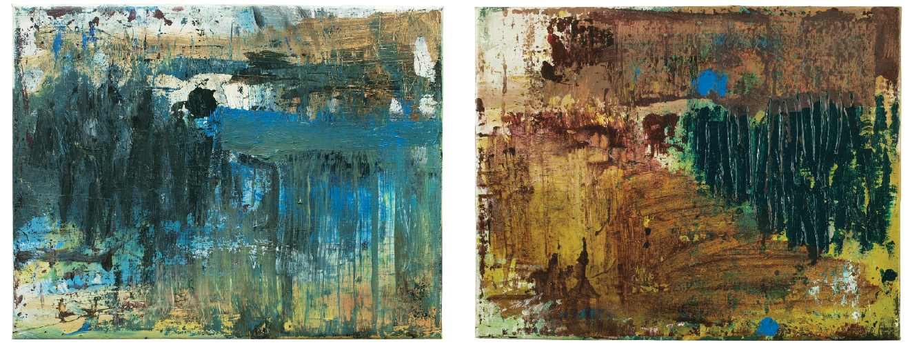Abstrakt kunst af Peter Ejlerskov med to farverige malerier i blå og brune nuancer.