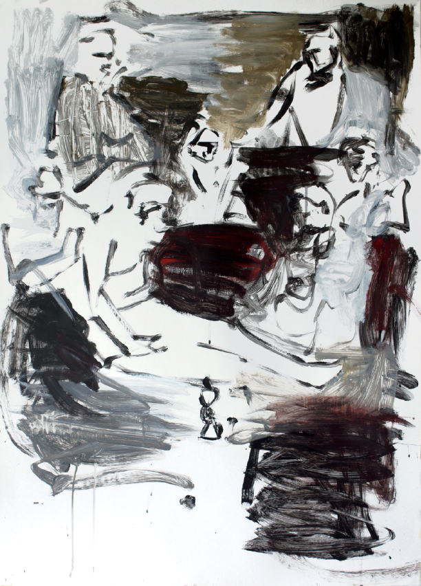 Abstrakt kunst af Peter Ejlerskov med mørke penselstrøg og figurer