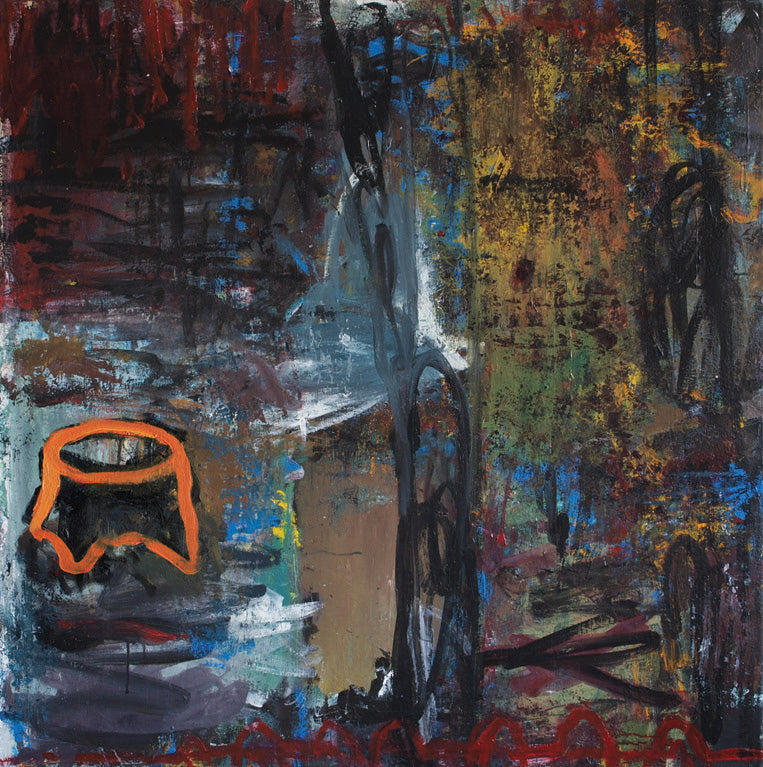 Abstrakt maleri af Peter Ejlerskov med mørke farver og orange detalje, moderne kunst.