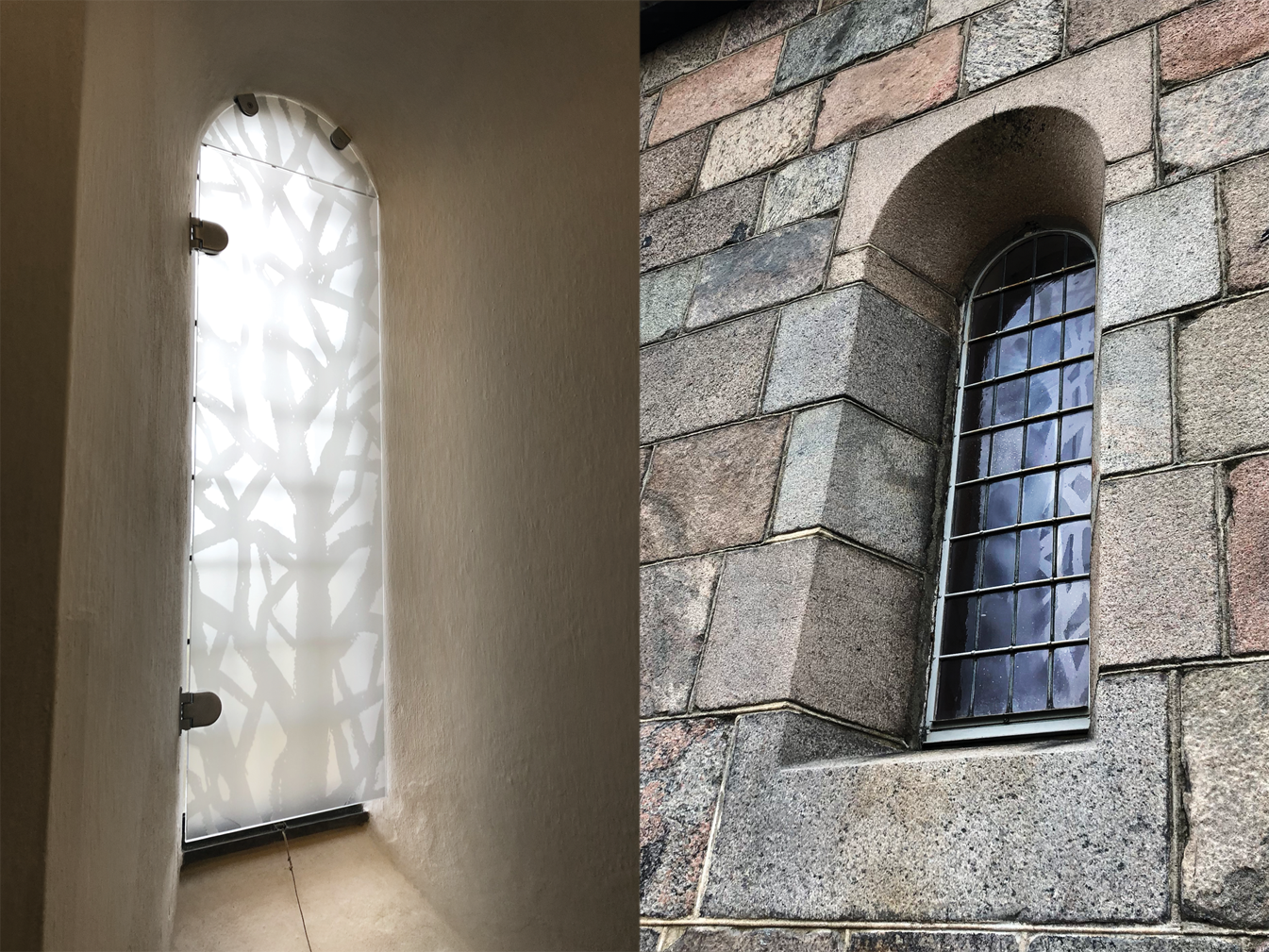 Kirkeudsmykning af Mammen Kirke -  sandblæst glasrude i kirkevindue af Peter Ejlerskov