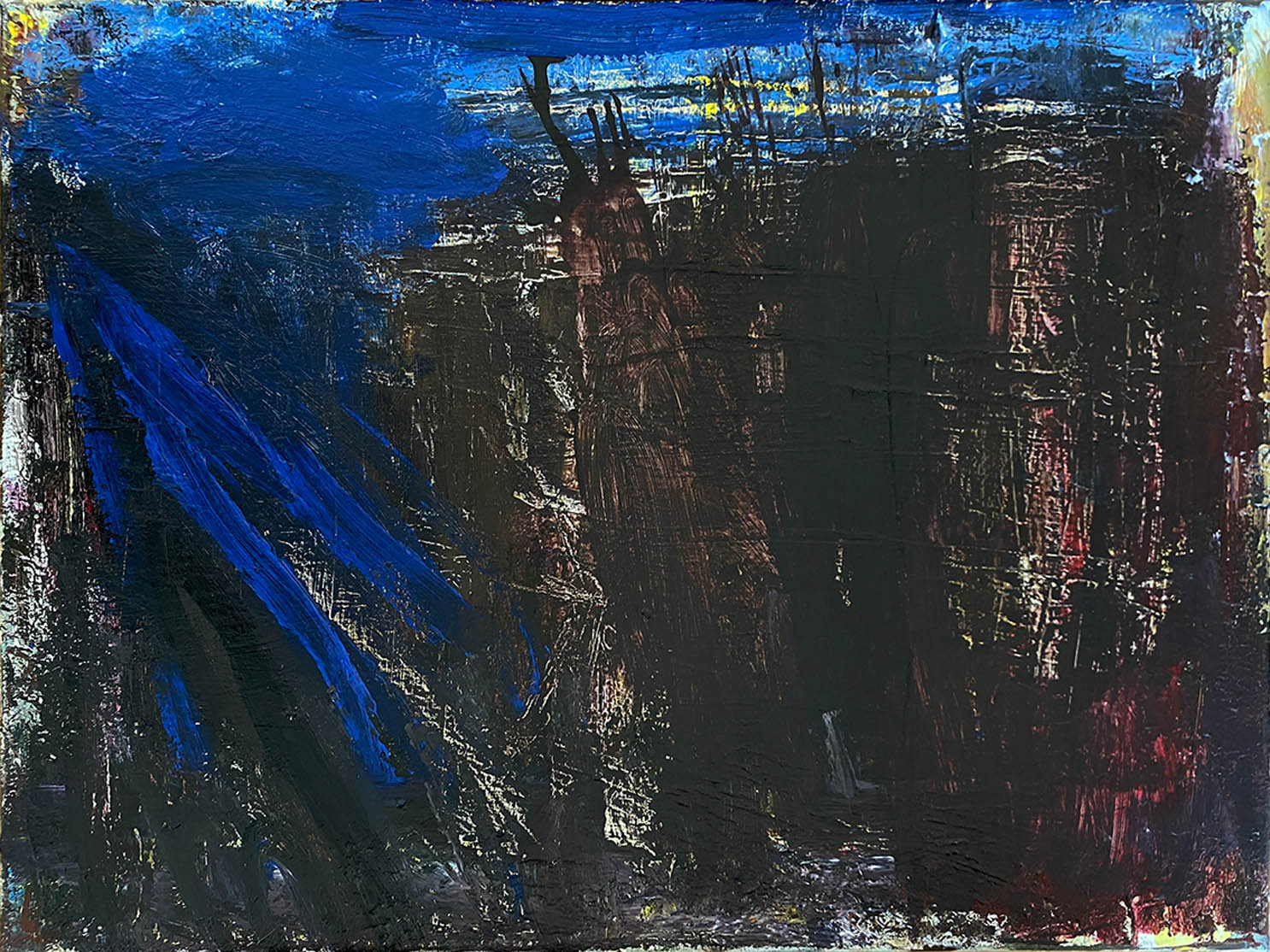Abstrakt maleri af Peter Ejlerskov kunst med mørke og blå farver