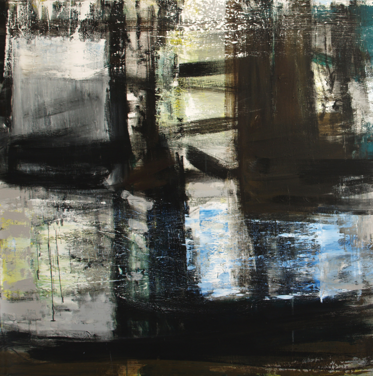 Abstrakt maleri med mørke og blå nuancer af kunstner Peter Ejlerskov kunst