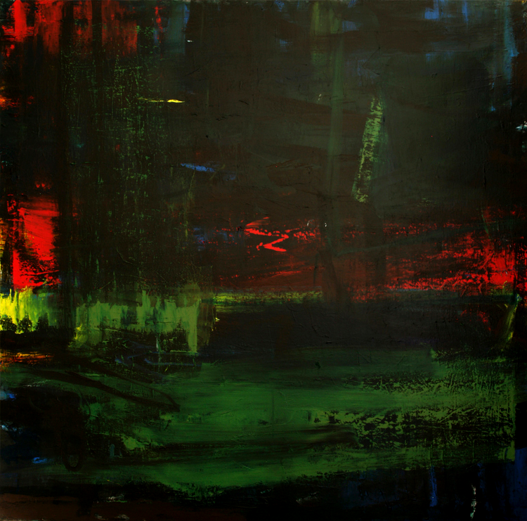 Abstrakt kunst af Peter Ejlerskov med mørke, grønne og røde farver.