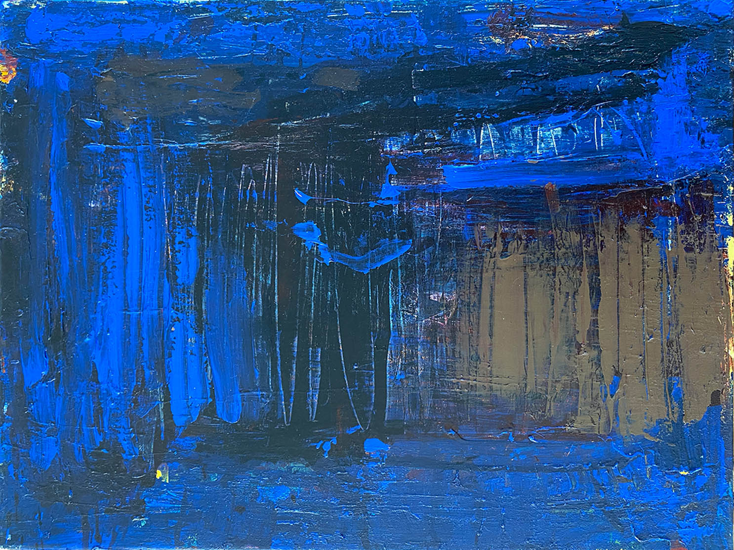 Abstrakt blå og mørk kunst af Peter Ejlerskov med kraftige penselstrøg.