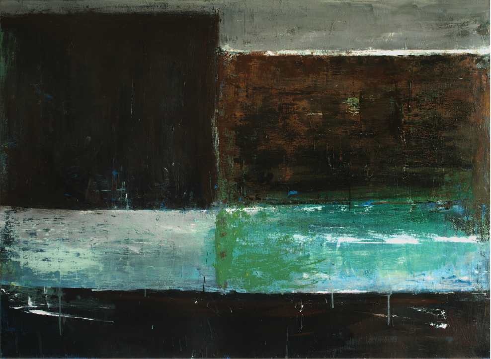 Abstrakt kunst af Peter Ejlerskov med mørke, grønne og brune nuancer.