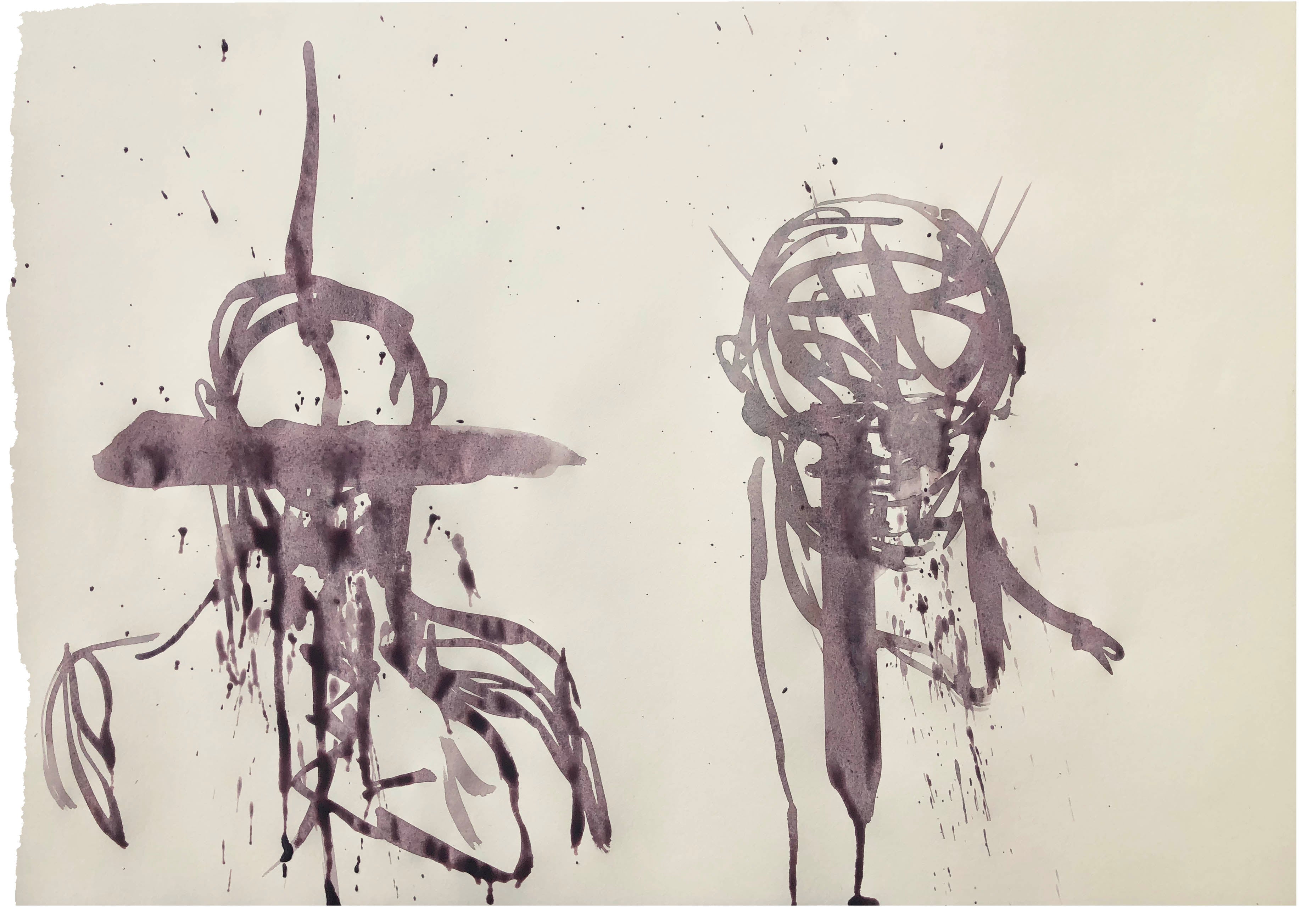 Ansigtsløs kunst af Peter Ejlerskov med to abstrakte blækfigurer på lyst papir.