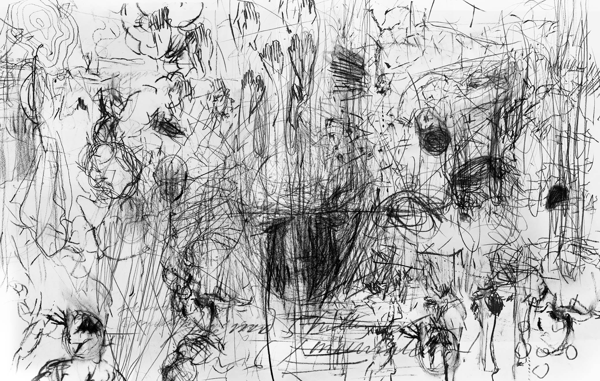 Abstrakt sort-hvid tegning, ekspressiv kunst af Peter Ejlerskov.