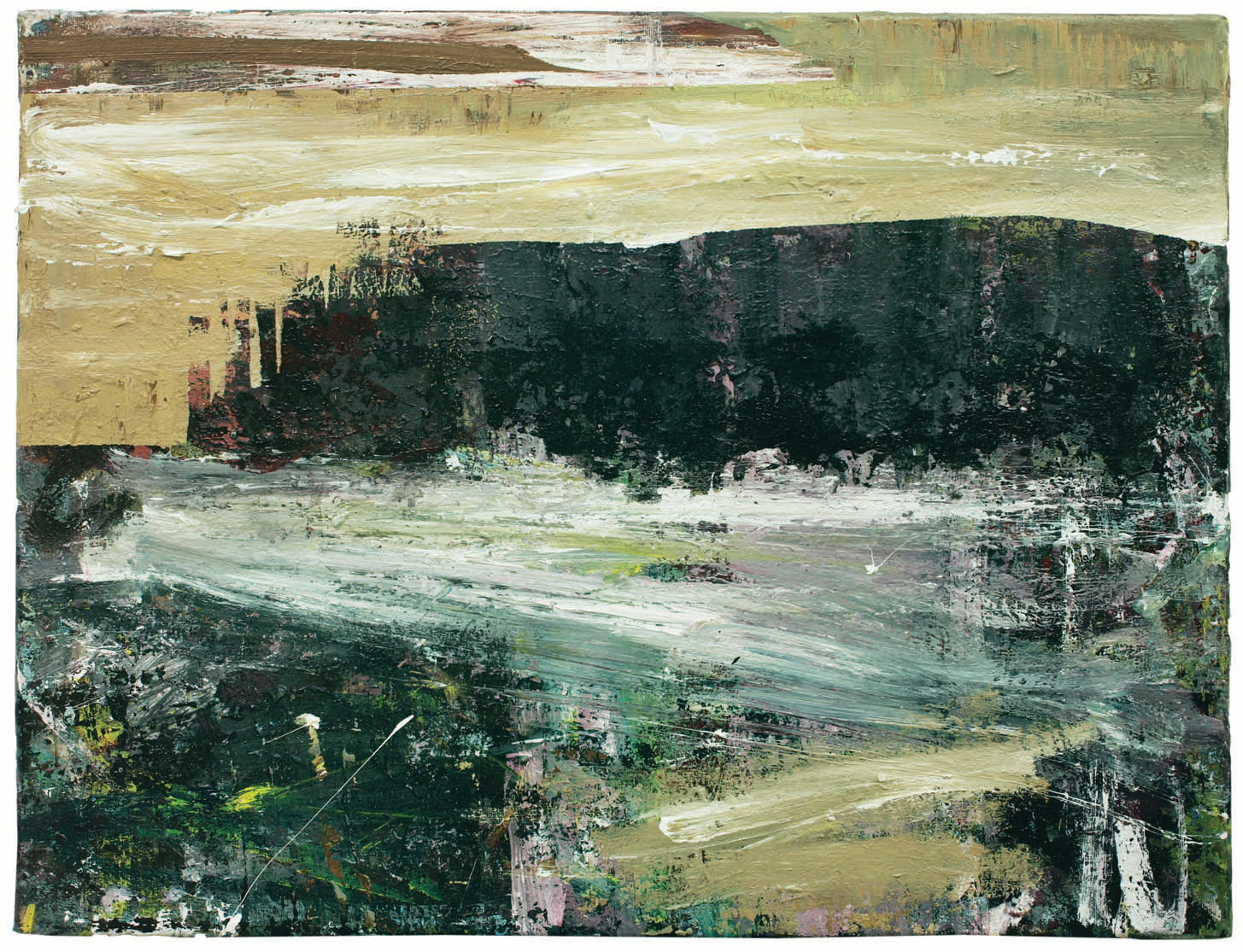 Abstrakt landskabsmaleri af Peter Ejlerskov, moderne kunst i mørke og gyldne nuancer