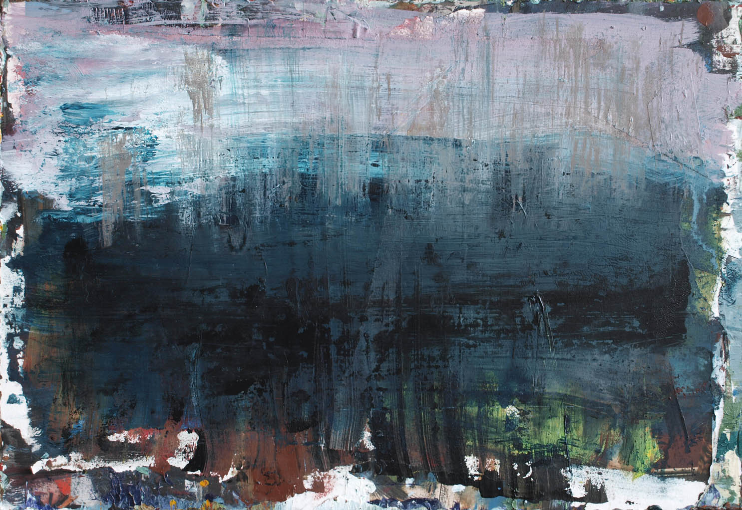 Abstrakt kunst af Peter Ejlerskov i mørkeblå, lilla og brune nuancer.