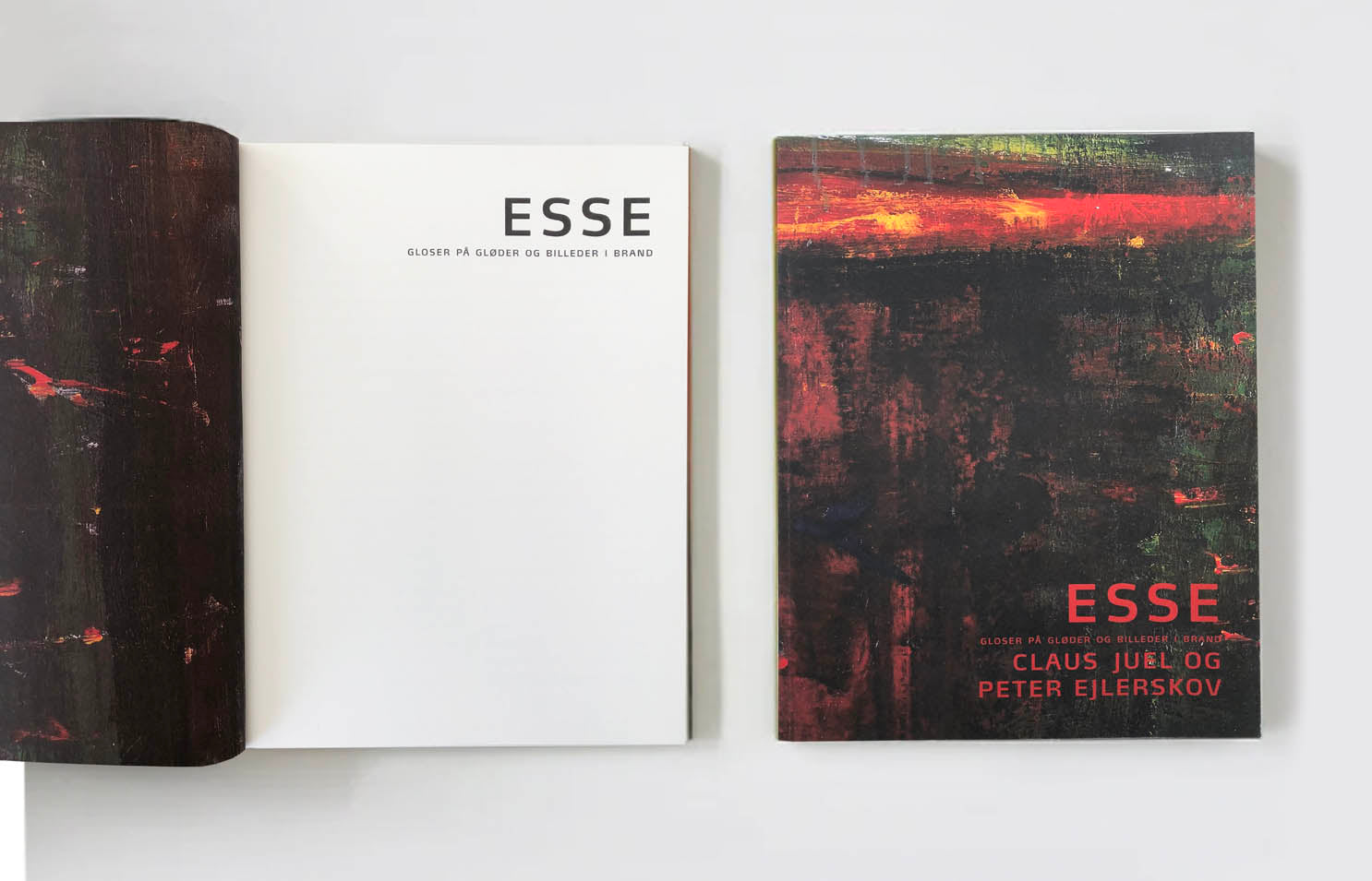 ESSE kunstbog af Claus Juel og Peter Ejlerskov, åben og lukket på hvid baggrund