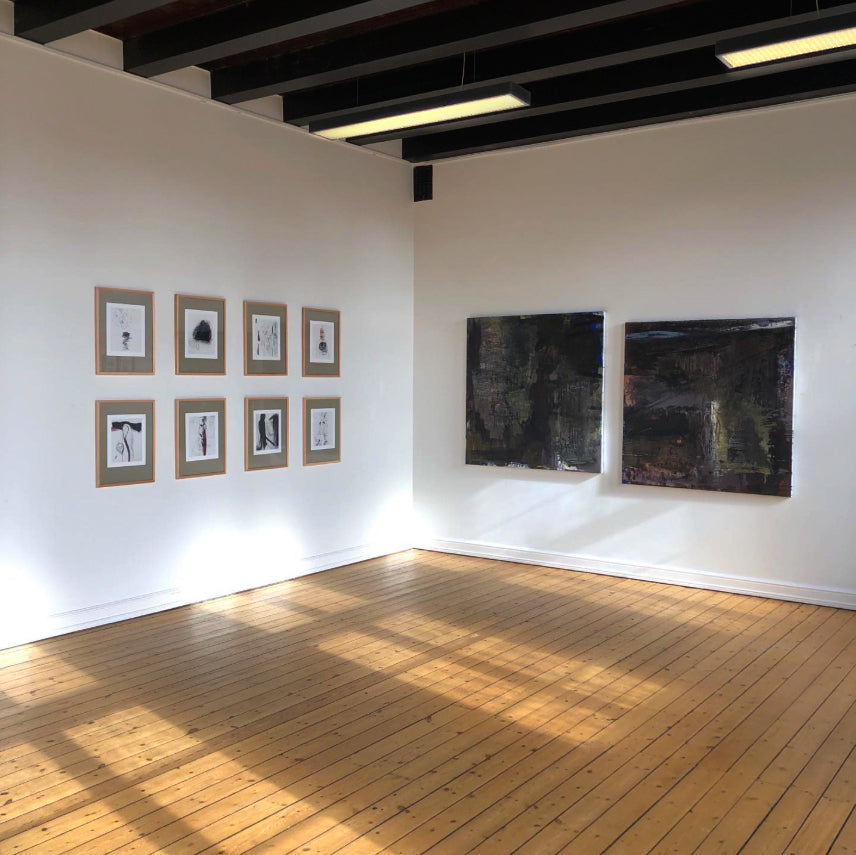 Peter Ejlerskov kunst udstillet i Galleri Emmaus med malerier på hvide vægge