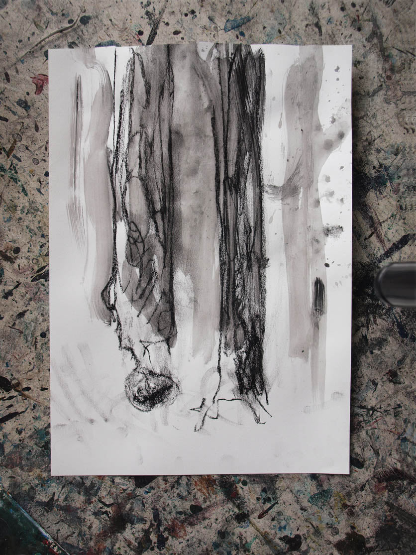 Ekspressiv sort-hvid tegning af Peter Ejlerskov kunst, Kierkegaard Augustiana.