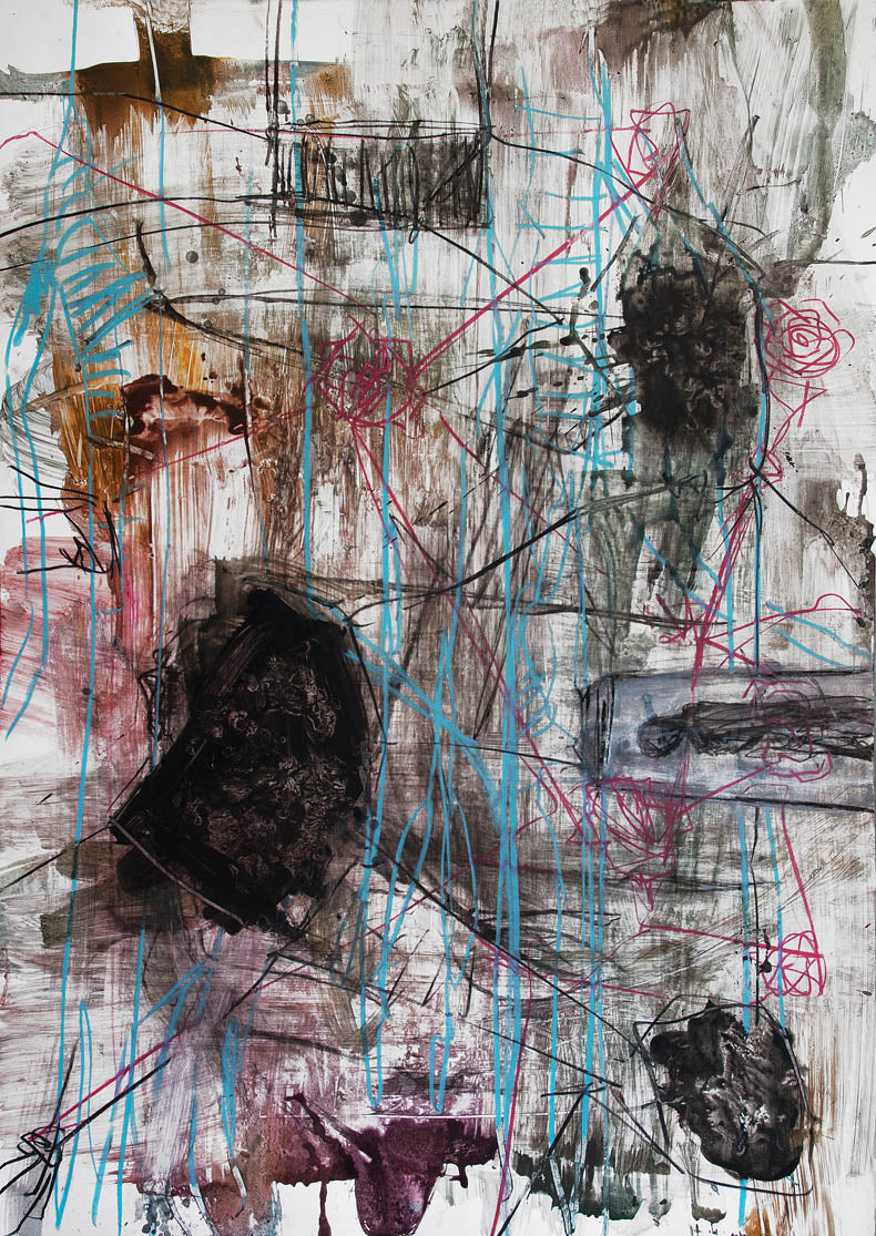 Abstrakt Kierkegaard Augustiana kunst af Peter Ejlerskov med blå og lyserøde streger