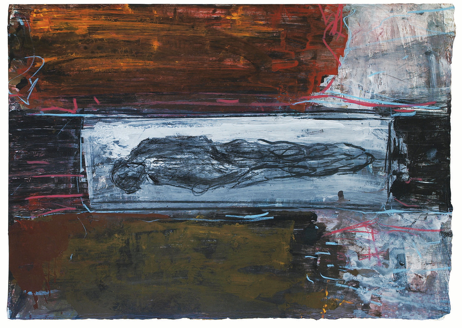 Abstrakt kunst af Peter Ejlerskov, Kierkegaard ved en grav, med liggende figur.