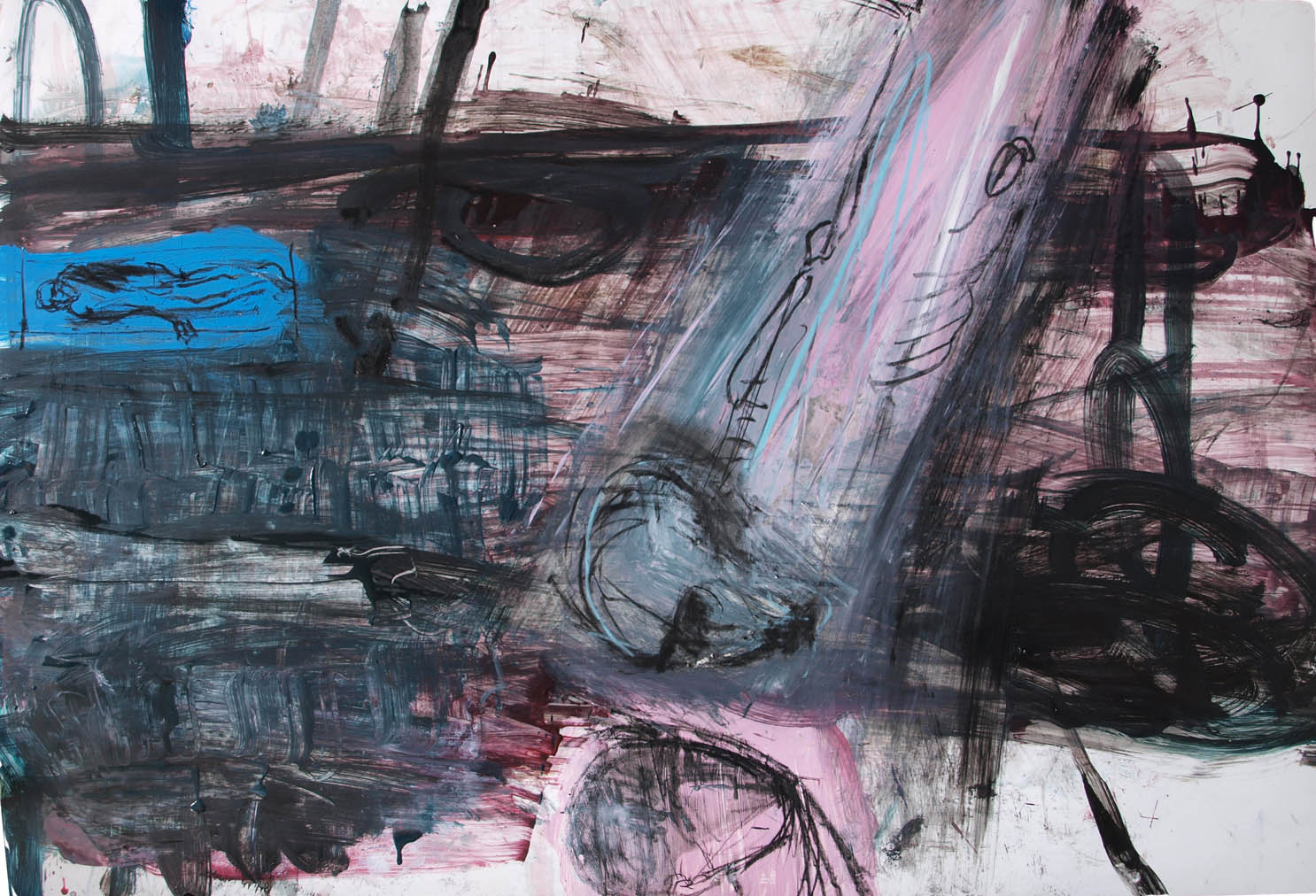 Abstrakt Peter Ejlerskov kunst med mørke strøg, lyserøde nuancer og en blå figur, Kierkegaard Ved en Grav.