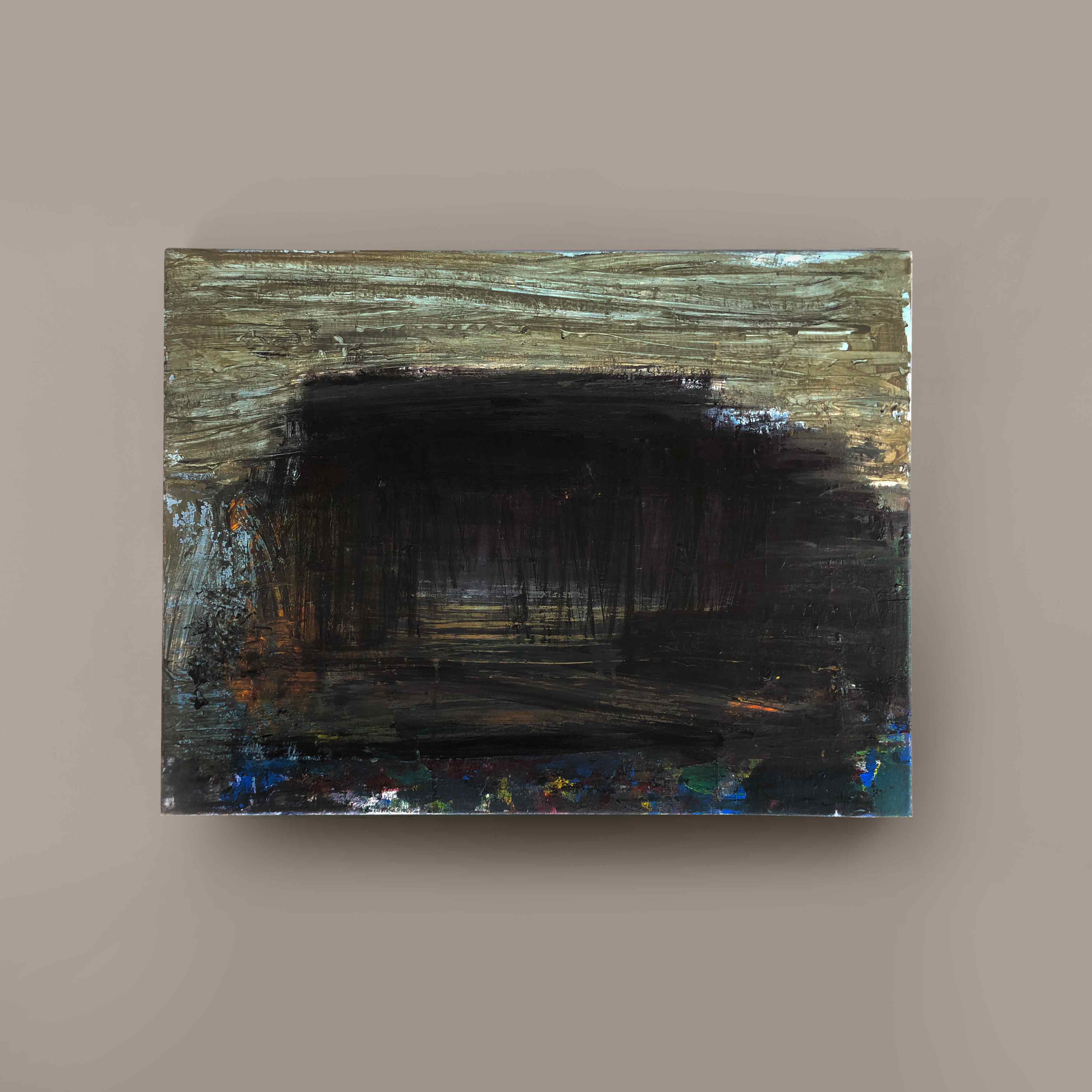 Abstrakt landskab på væg, mørk kunst af Peter Ejlerskov.