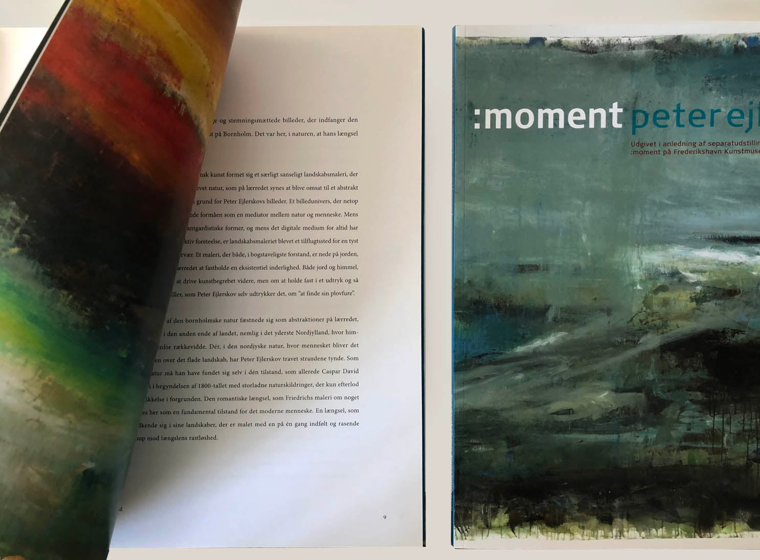 Opslået bog med Peter Ejlerskov kunst, MOMENT_04, og tekst om hans malerier.