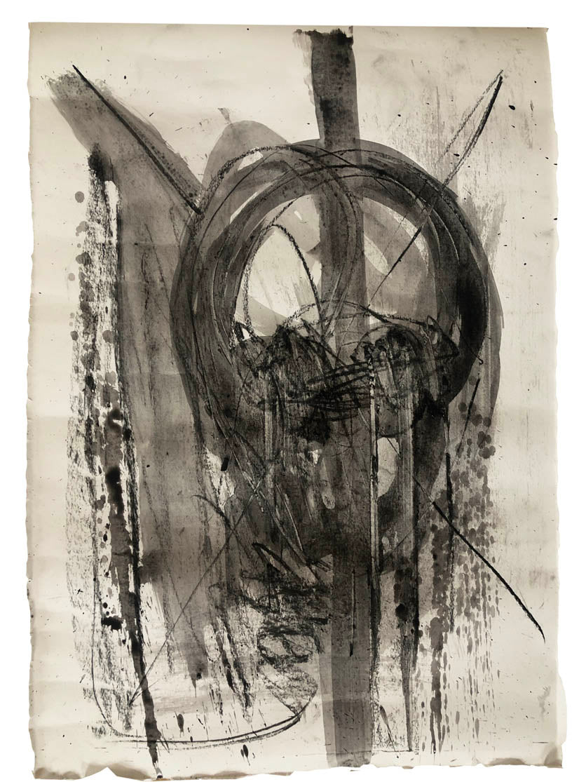 Abstrakt papirtegning med mørke blækstrøg, moderne kunst af Peter Ejlerskov.