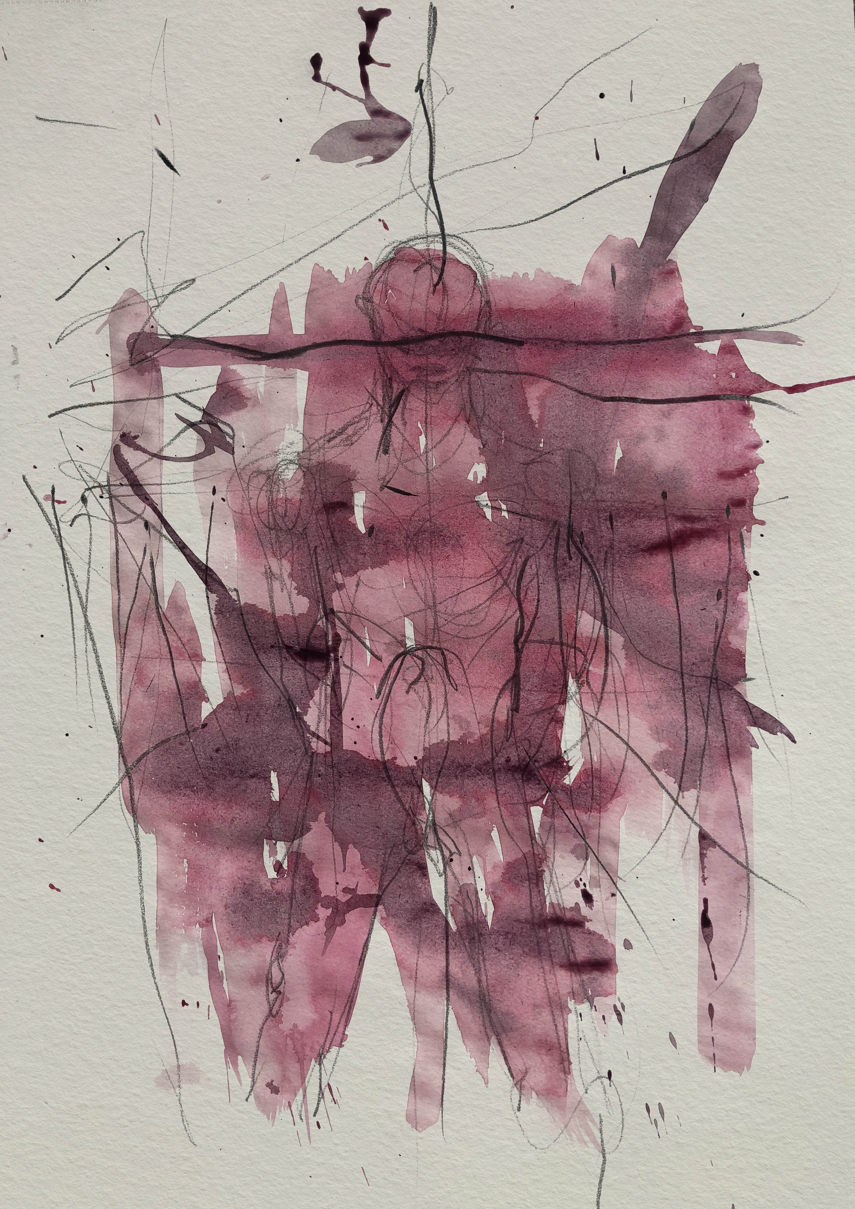 Abstrakt papirtegning med rød akvarel og mørke streger, Peter Ejlerskov kunst.