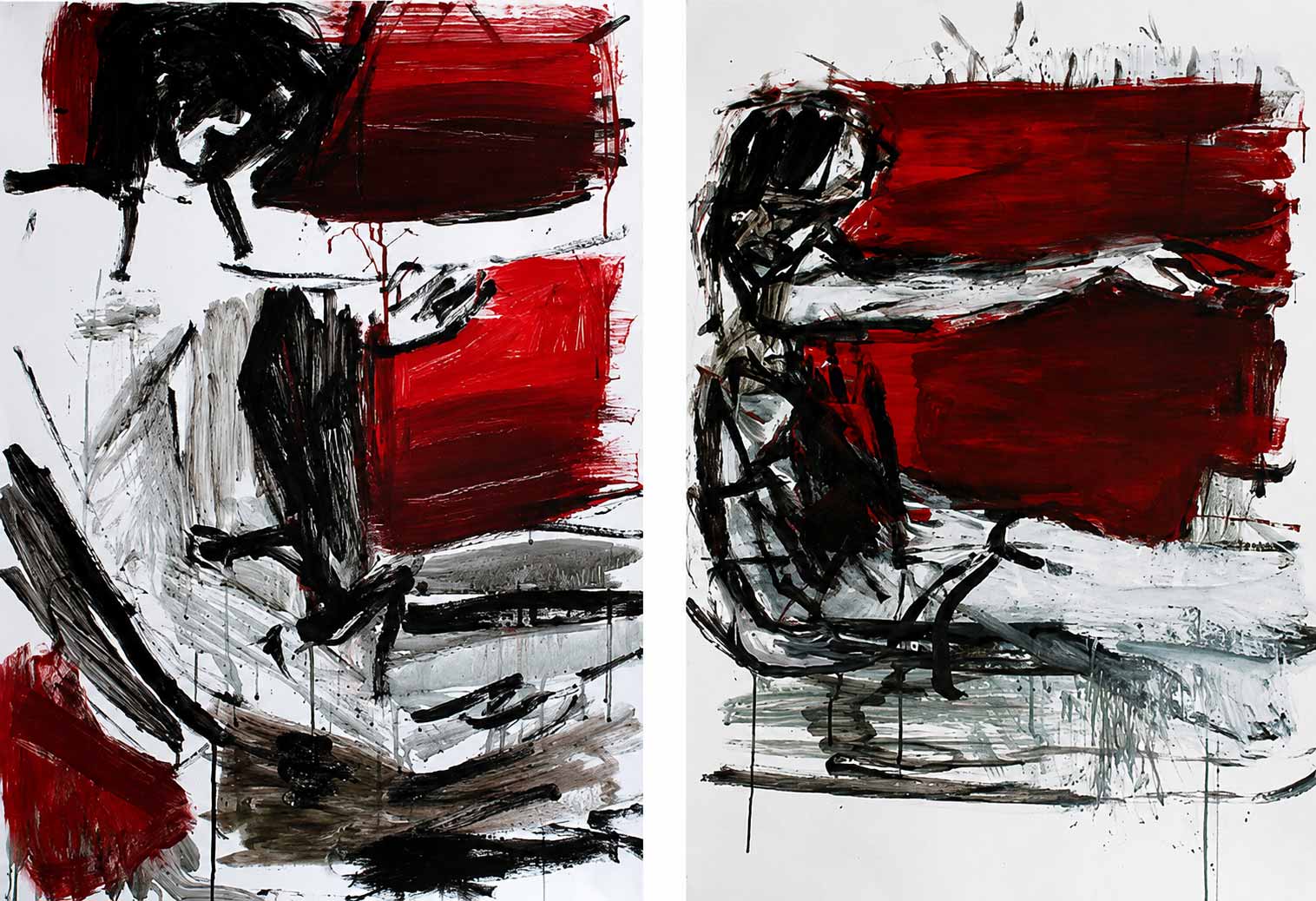 Ekspressiv rød og sort kunst af Peter Ejlerskov, Parafrase-tegninger.