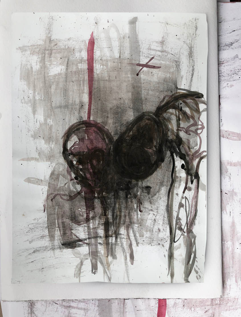 Abstrakt tegning i mørke og røde nuancer, moderne kunst af Peter Ejlerskov.