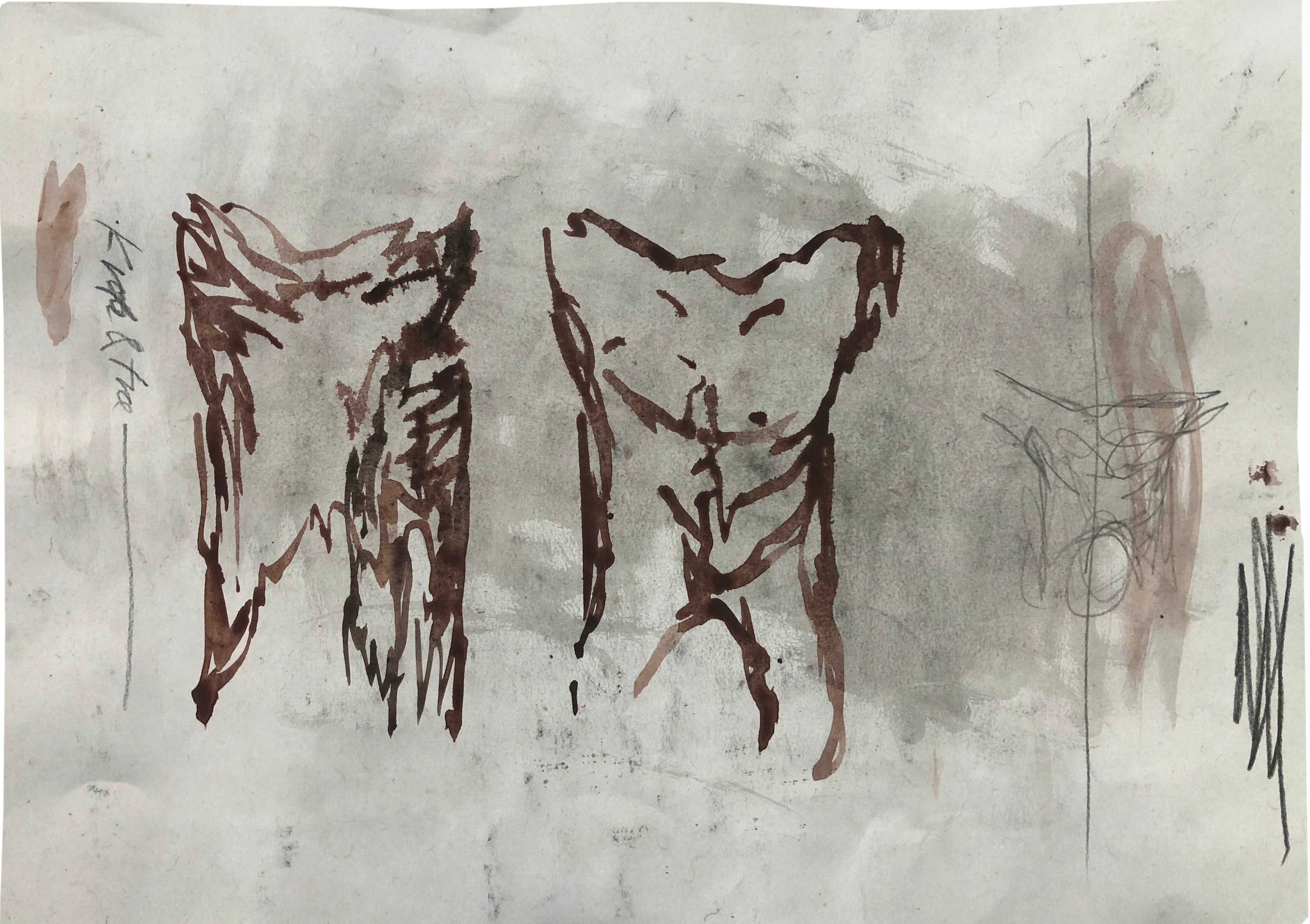 To kroppe den ene i træ, ekspressiv kunst af Peter Ejlerskov.
