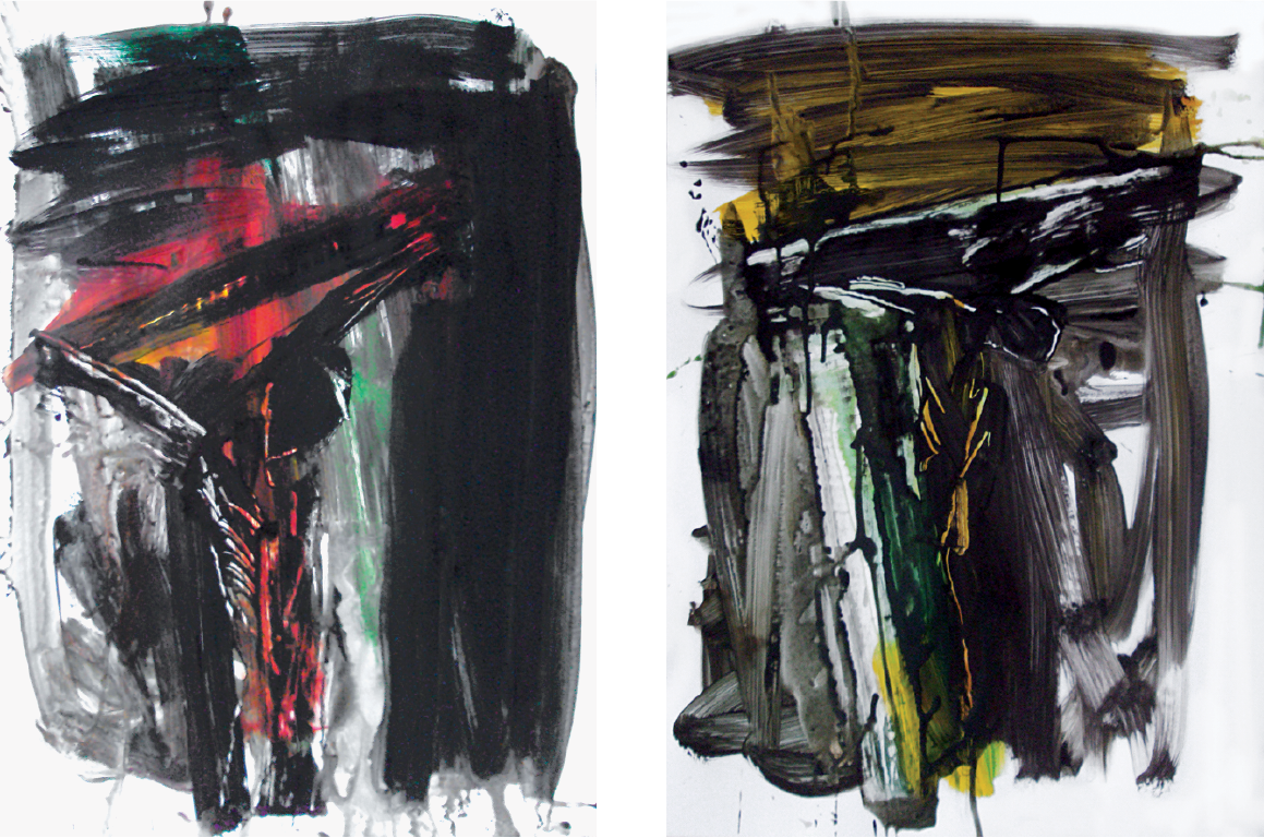 Abstrakt mørk kunst af Peter Ejlerskov med ekspressive penselstrøg i sort, rød og gul.