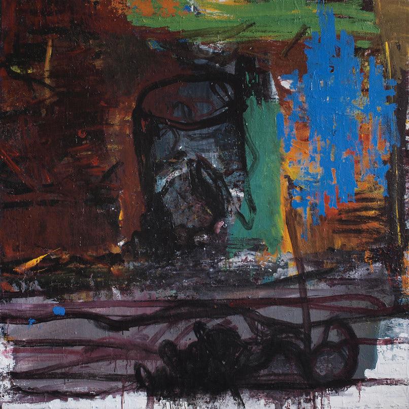 Abstrakt kunst af Peter Ejlerskov med mørke farver og blåt penselstrøg.