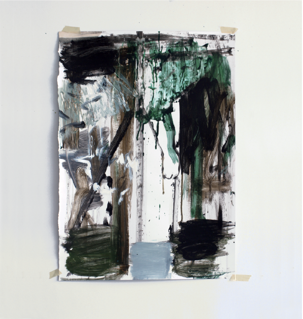 Abstrakt kunst af Peter Ejlerskov med mørke, grønne og brune penselstrøg på papir.