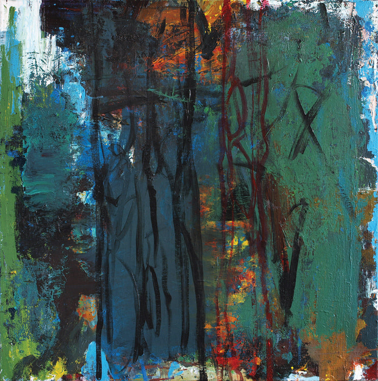 Abstrakt maleri af Peter Ejlerskov med mørke, grønne og blå farver. Moderne kunst.