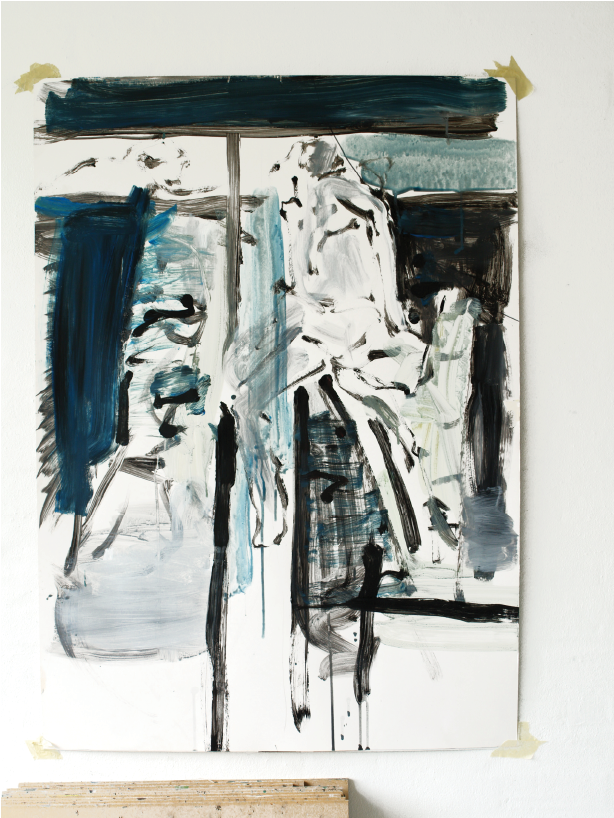 Abstrakt maleri med blå og sorte strøg af Peter Ejlerskov kunst