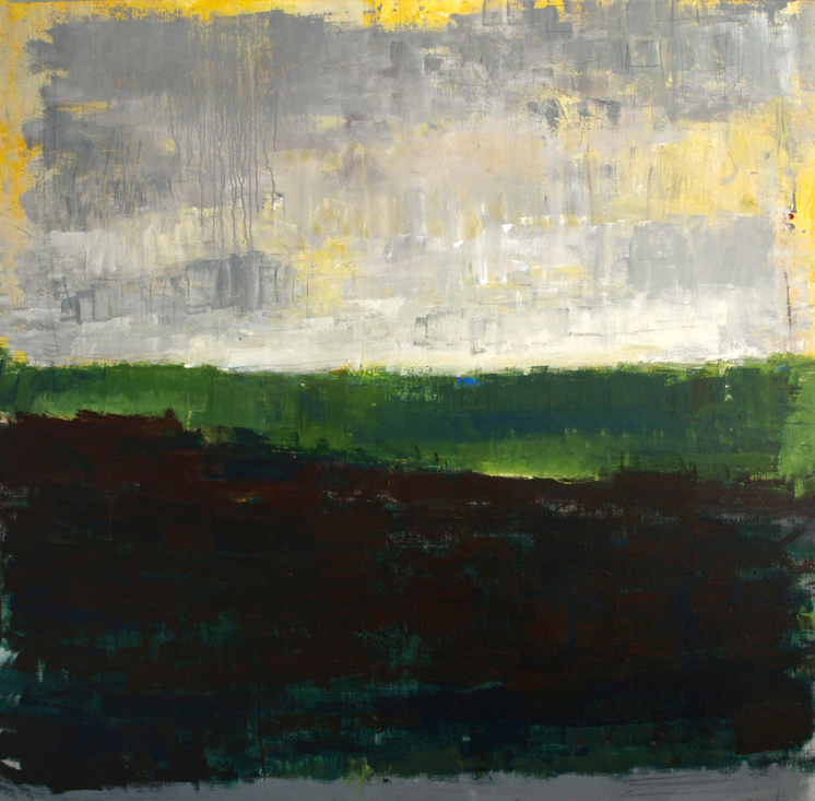 Abstrakt landskabsmaleri med grønne og mørke nuancer af Peter Ejlerskov kunst.