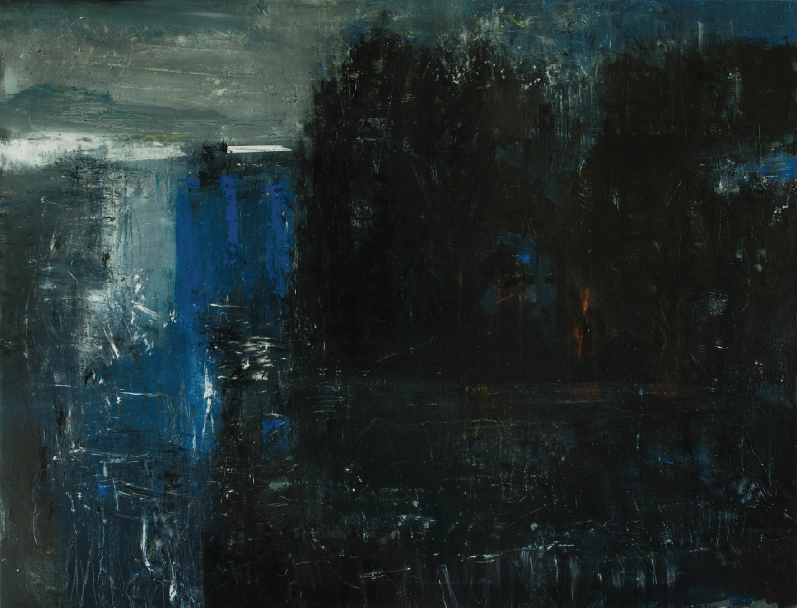 Mørkt, abstrakt maleri i blå og sorte nuancer af kunstner Peter Ejlerskov kunst.